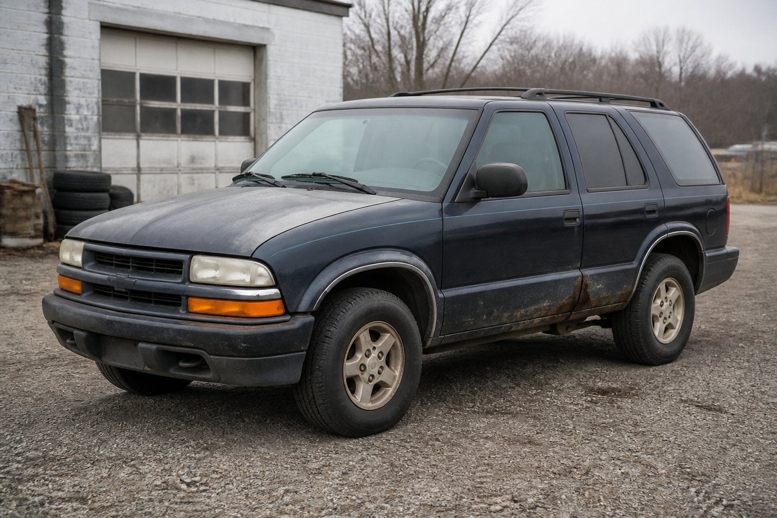 A weathered Chevrolet Blazer parked on a neglected gravel lot.