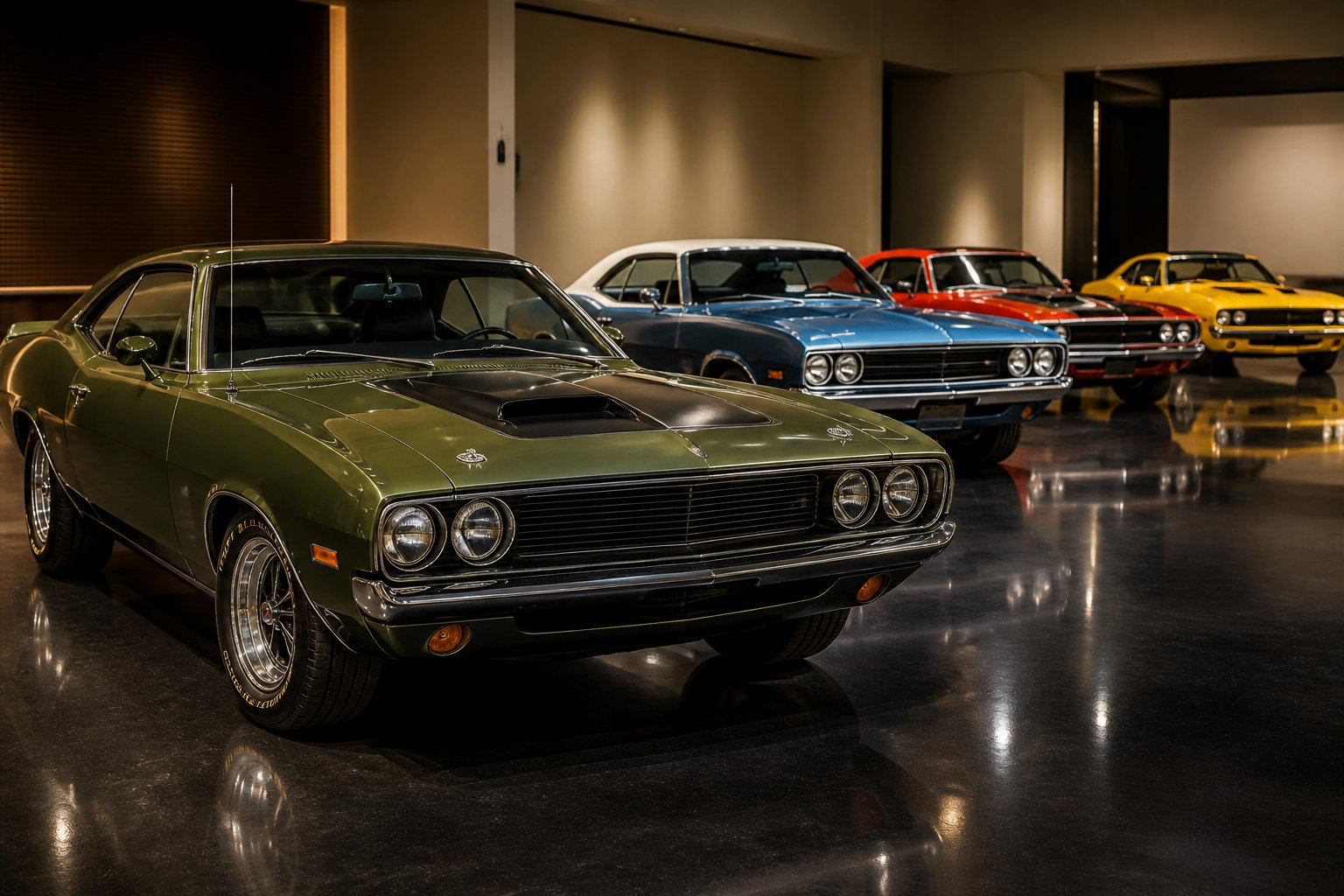 A lineup of rare classic American muscle cars displayed in a luxurious automotive gallery.