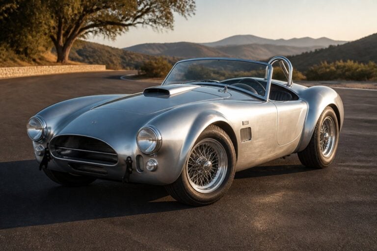 A vintage 1962 Shelby Cobra 260 roadster parked at a racetrack.