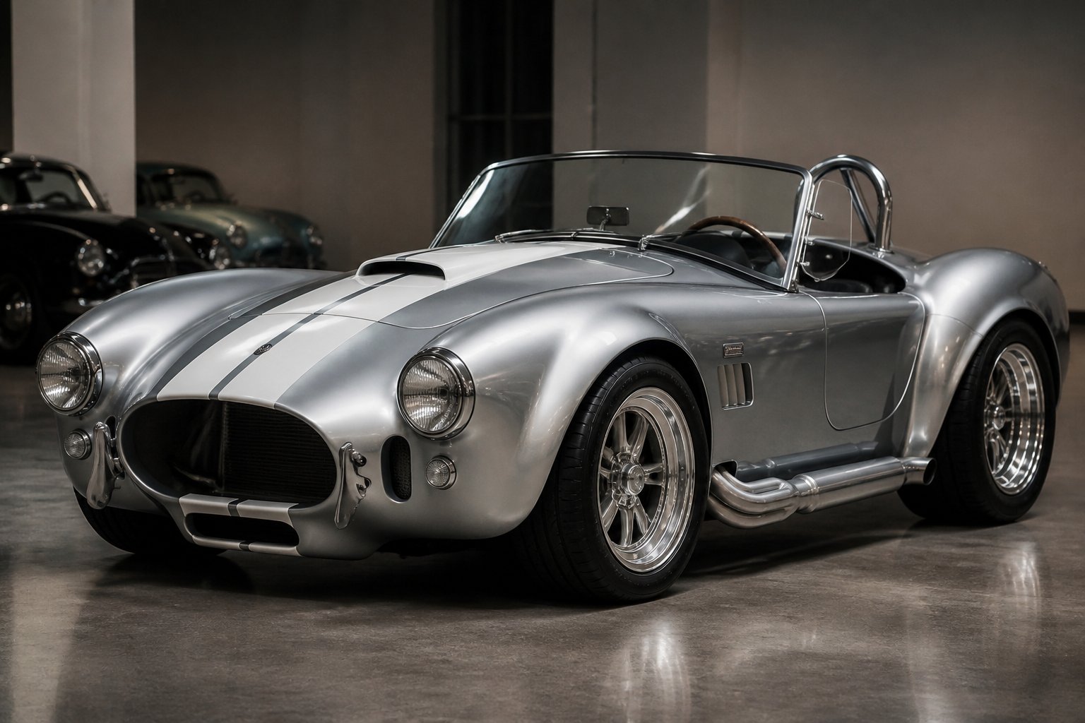 A silver 1966 Shelby Cobra 427 Super Snake displayed indoors at a classic-car venue.
