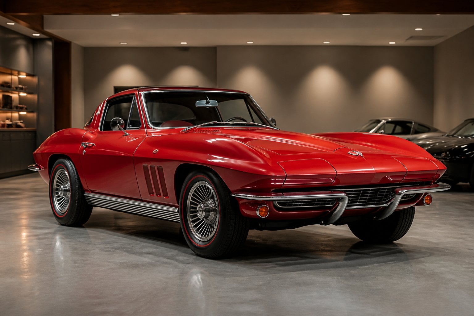A red 1967 Chevrolet Corvette L88 displayed in a polished private automotive collection.