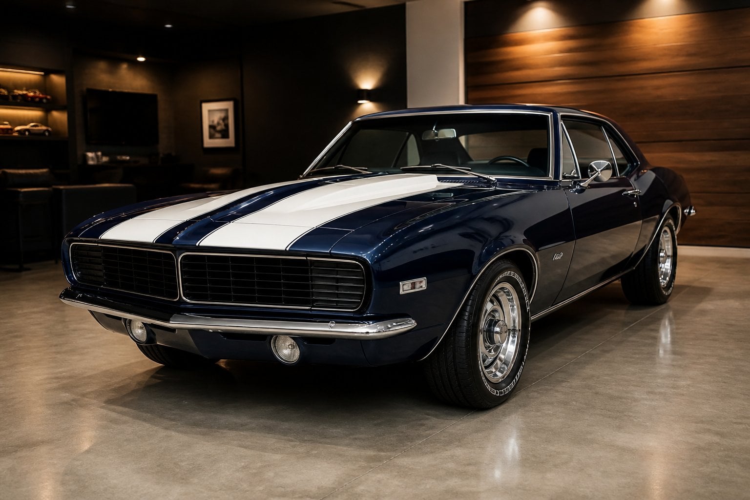 A restored blue 1967 Chevrolet Camaro Z/28 displayed in a polished automotive showroom.