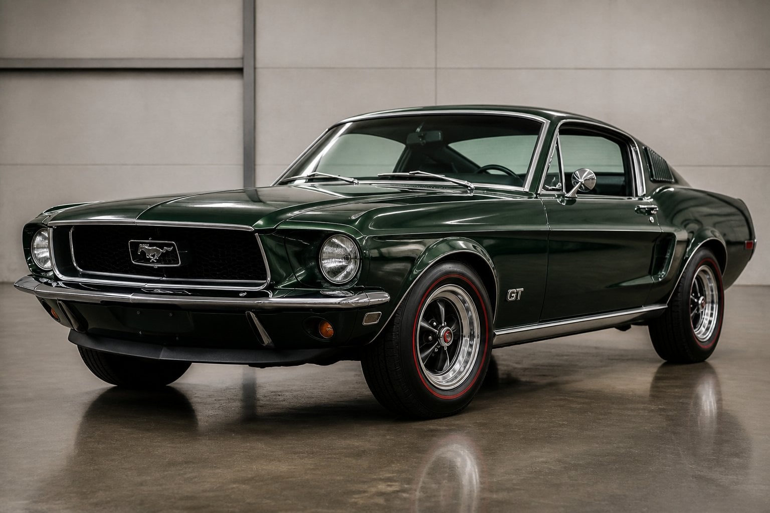 A restored green 1968 Ford Mustang GT Lightweight displayed on a showroom floor.