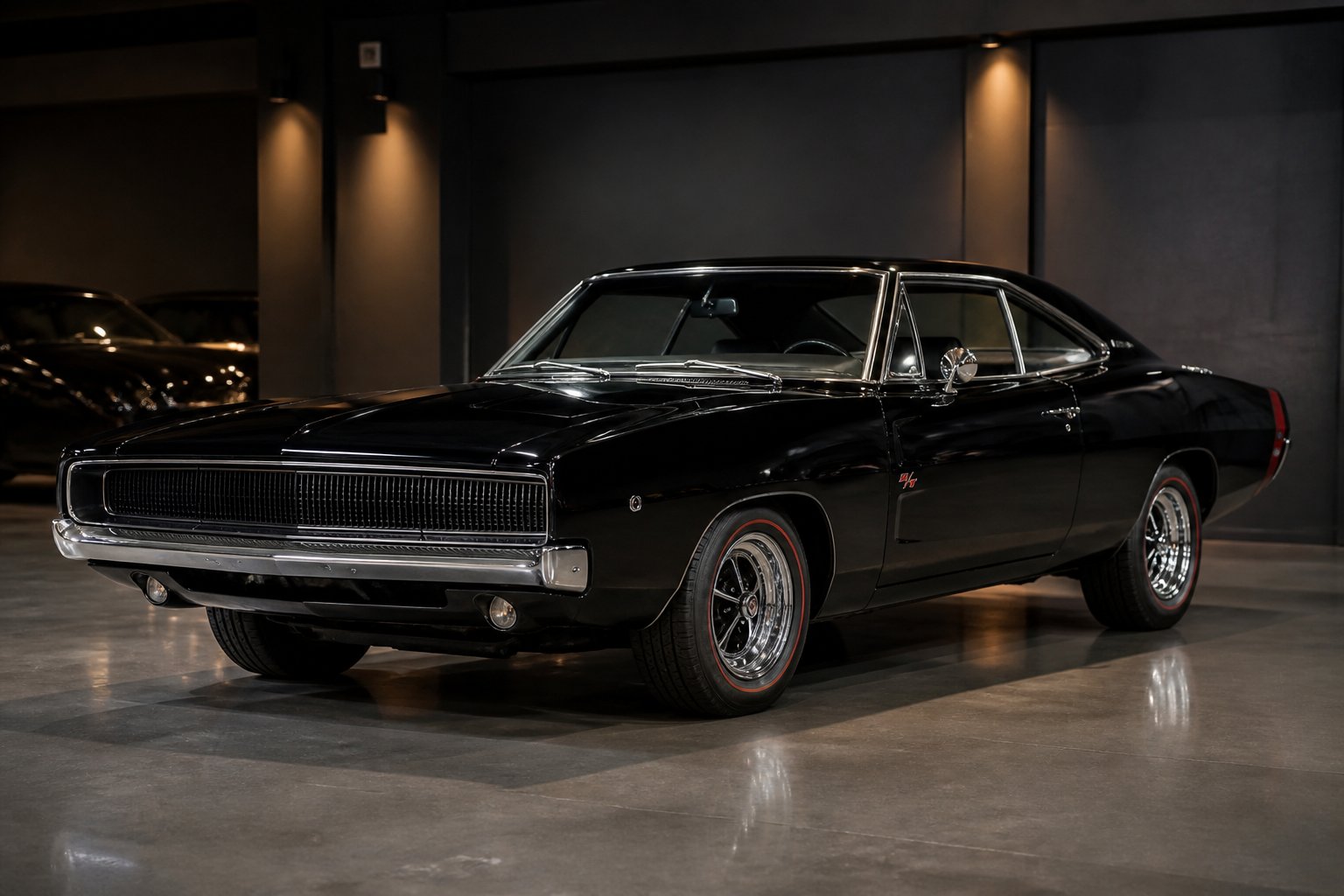 A black 1968 Dodge Charger R/T displayed in a polished automotive showroom.