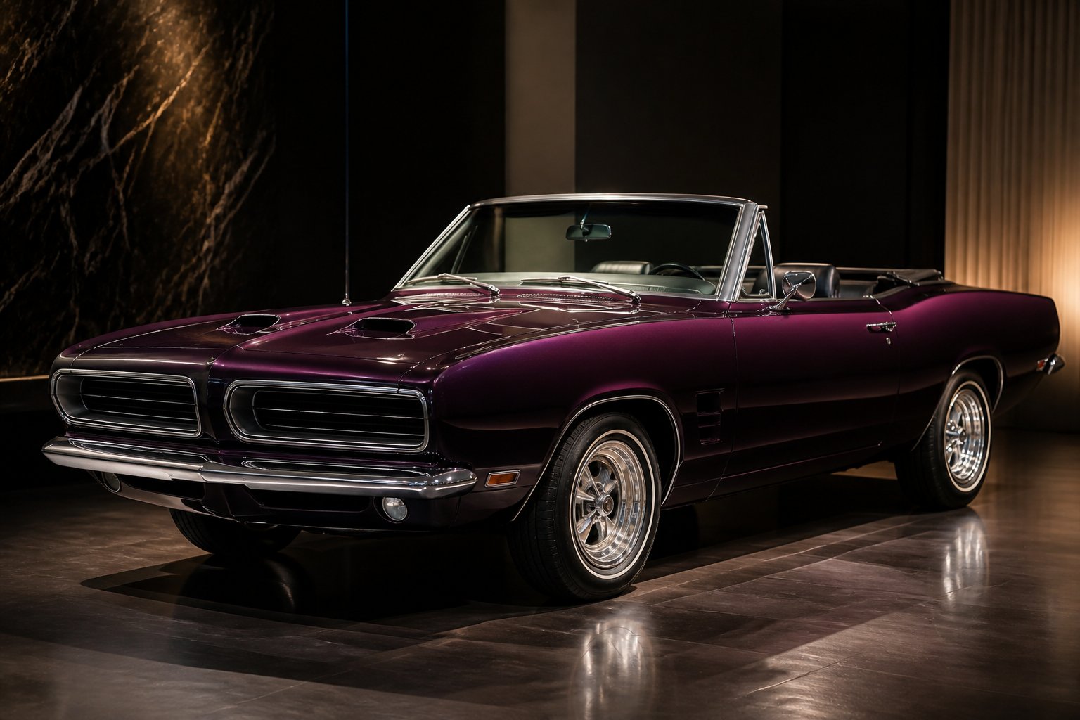 A restored 1968 Plymouth Hemi Barracuda convertible displayed in a refined automotive collection.