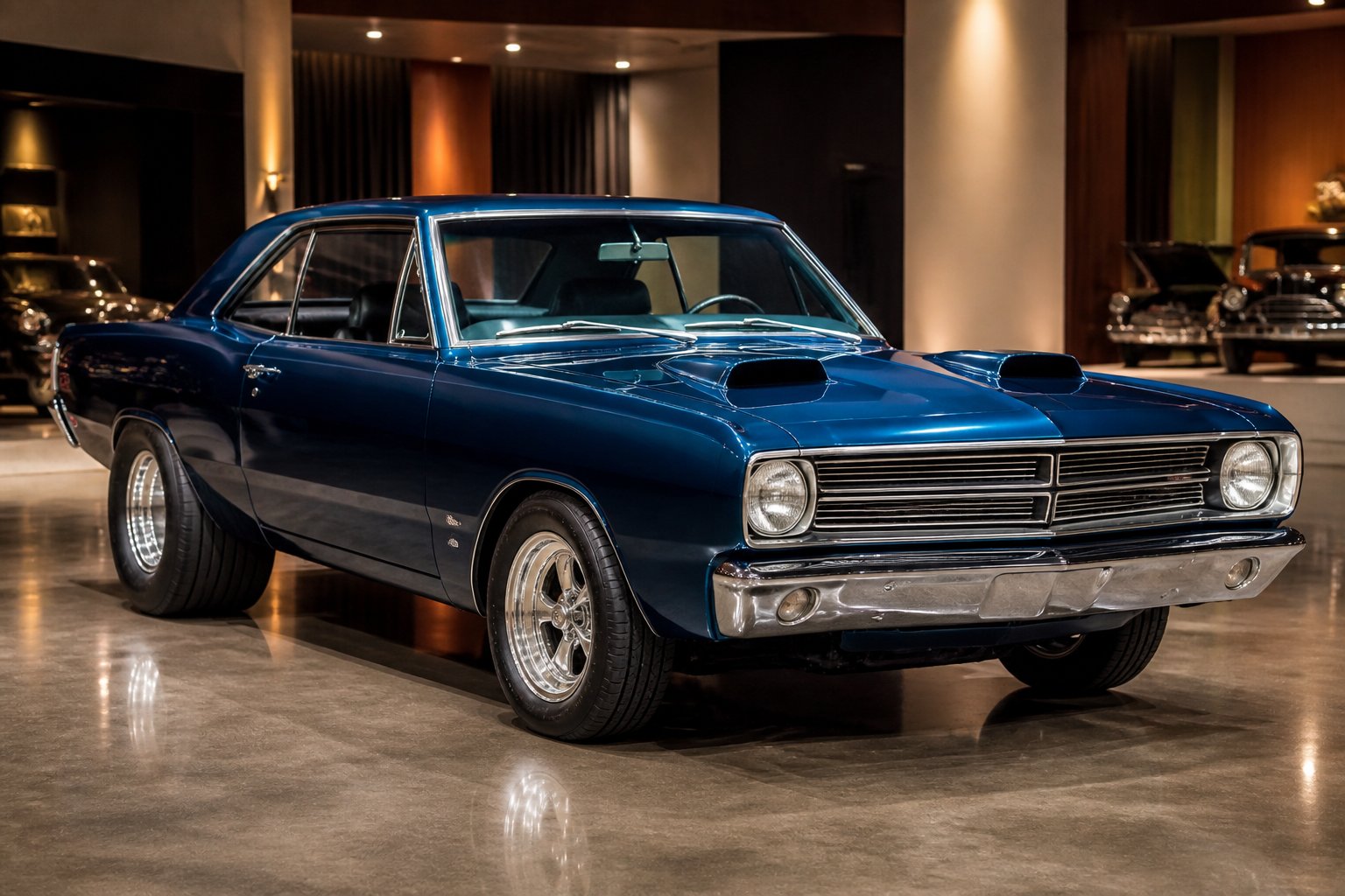 A rare 1968 Dodge Hemi Dart muscle car displayed indoors on a polished floor.
