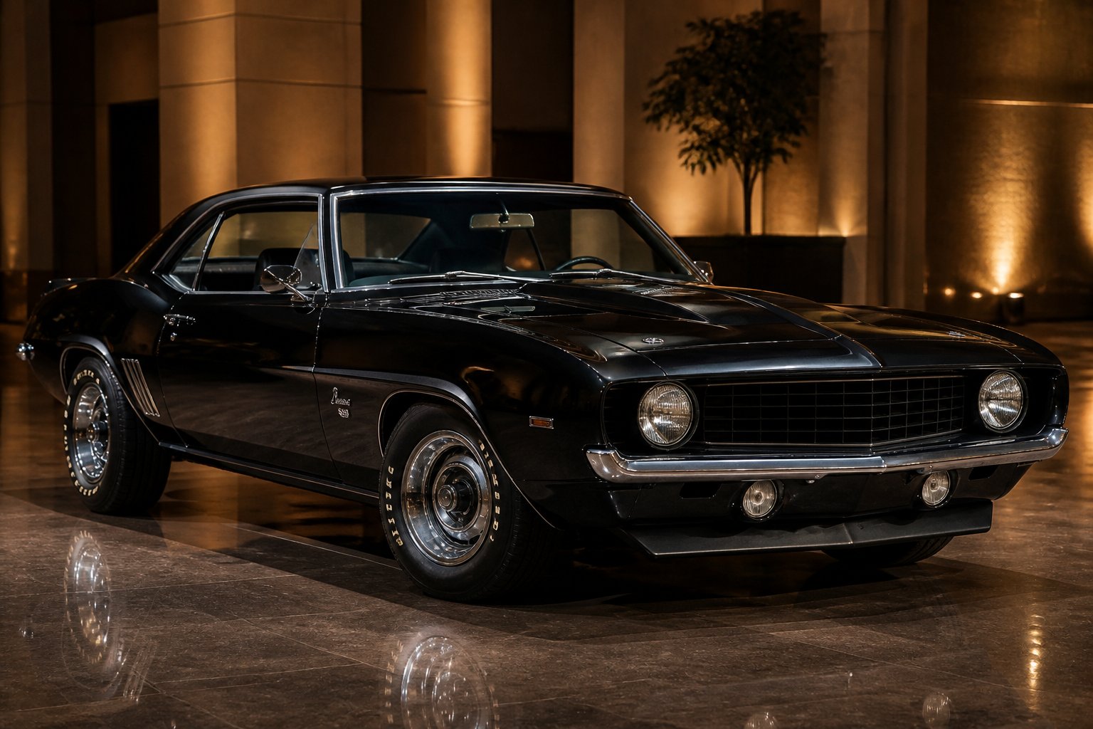 A restored black 1969 Chevrolet Camaro ZL1 displayed at an elegant classic-car auction venue.