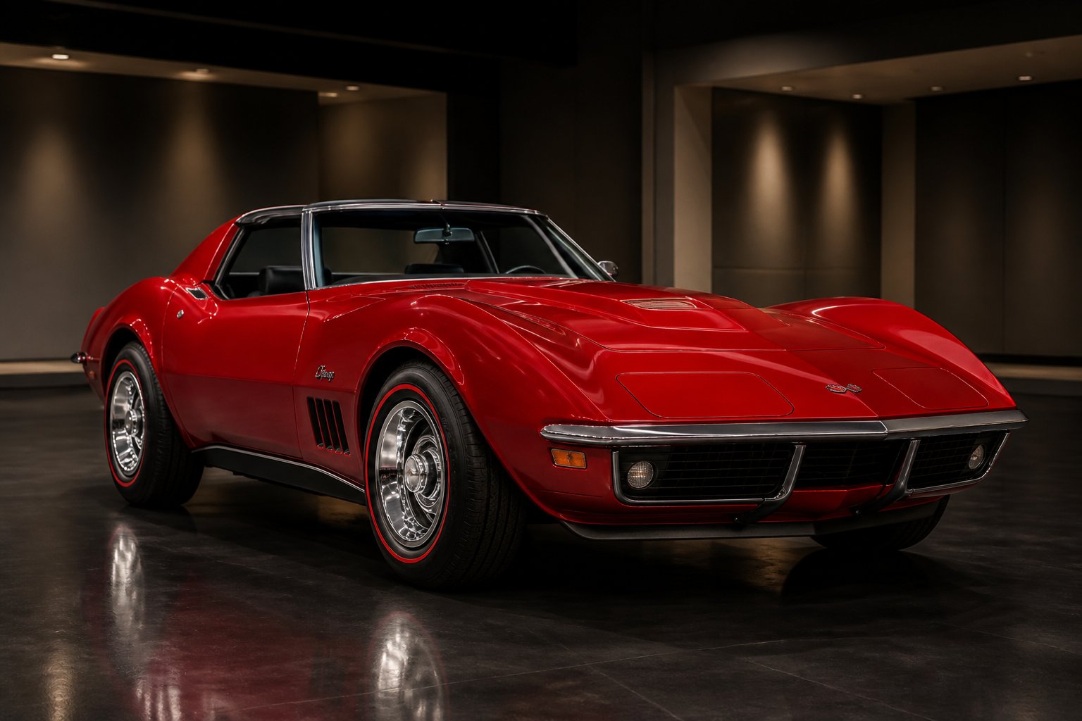 A restored red 1969 Chevrolet Corvette L88 displayed inside a luxury automotive auction hall.