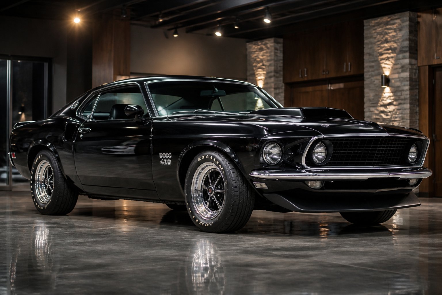 A restored 1969 Ford Mustang Boss 429 displayed in a polished collector garage.