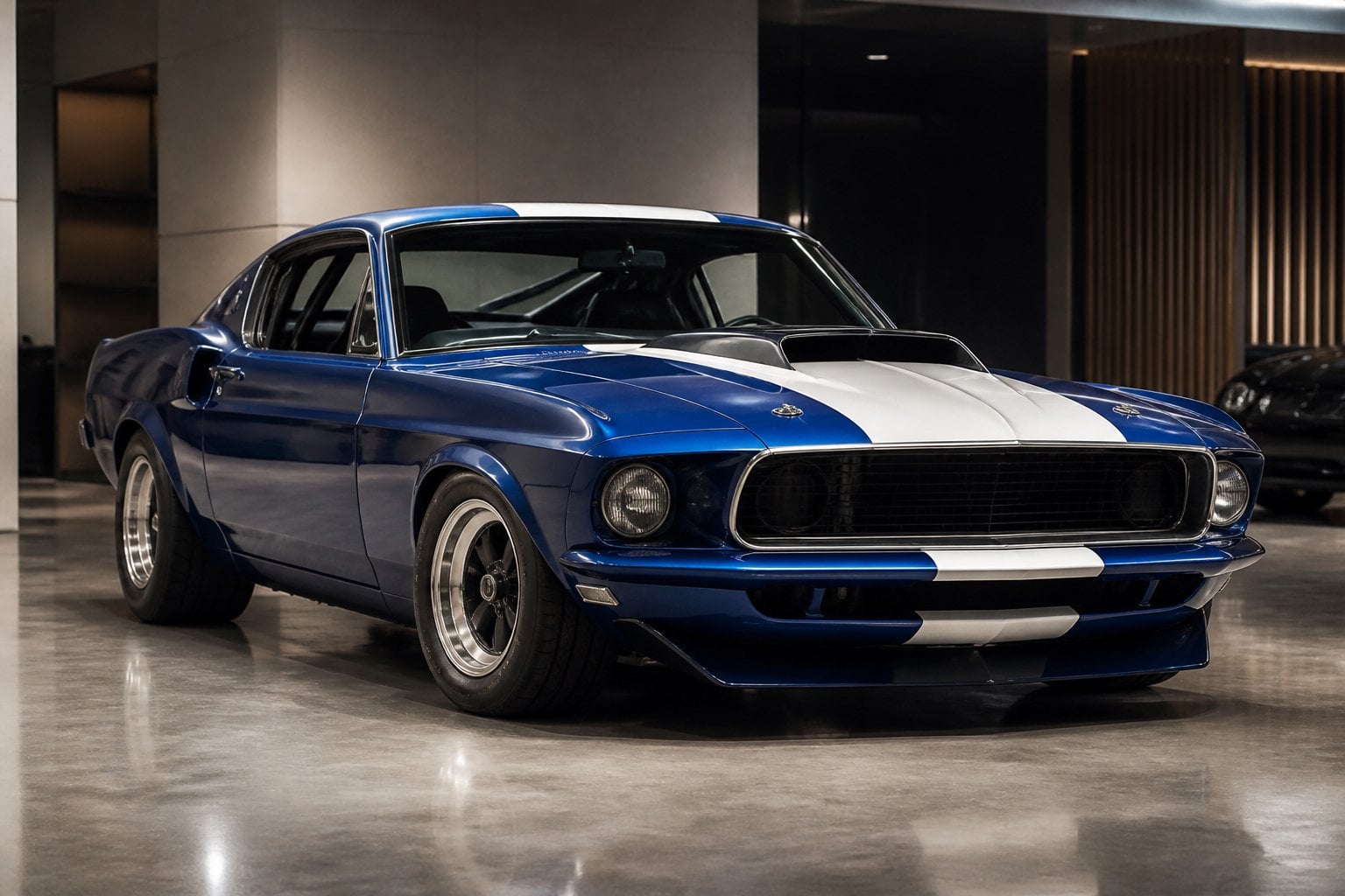 A restored blue and white 1969 Ford Mustang Boss 302 Trans Am race car displayed in a polished automotive showroom.