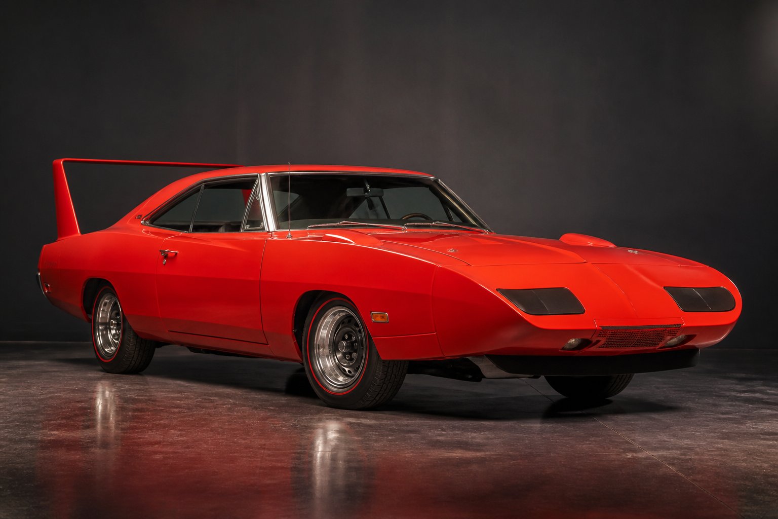 A restored orange-red 1969 Dodge Charger Daytona displayed in a professional indoor setting.