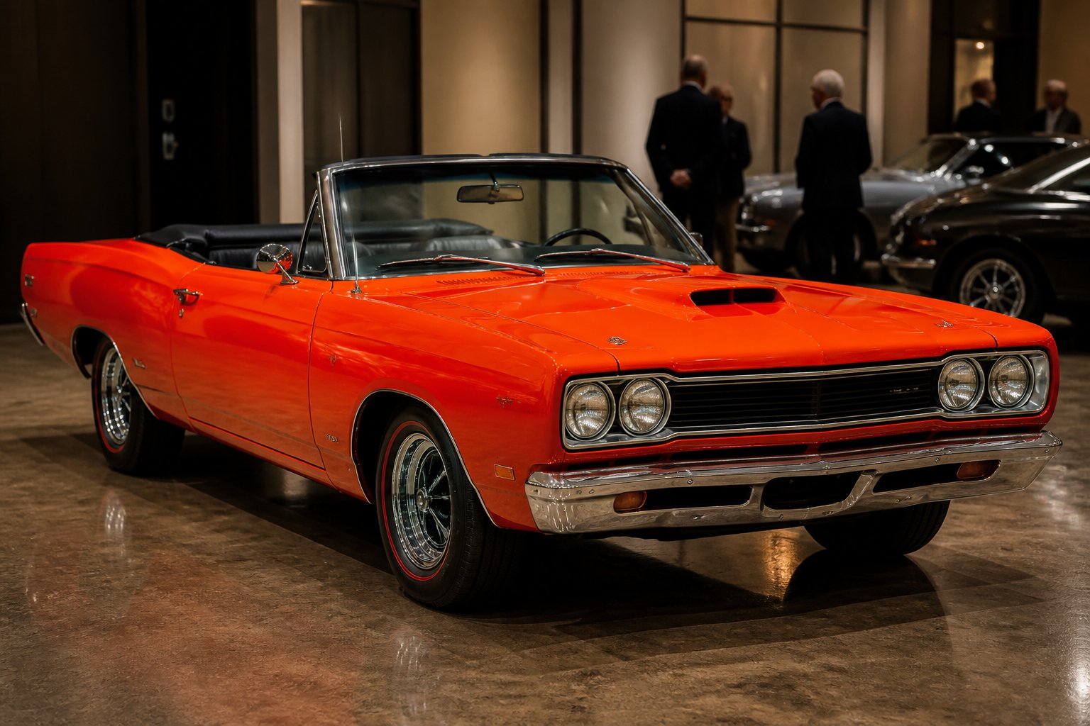 A restored 1969 Plymouth Road Runner Hemi convertible displayed at a classic-car auction.