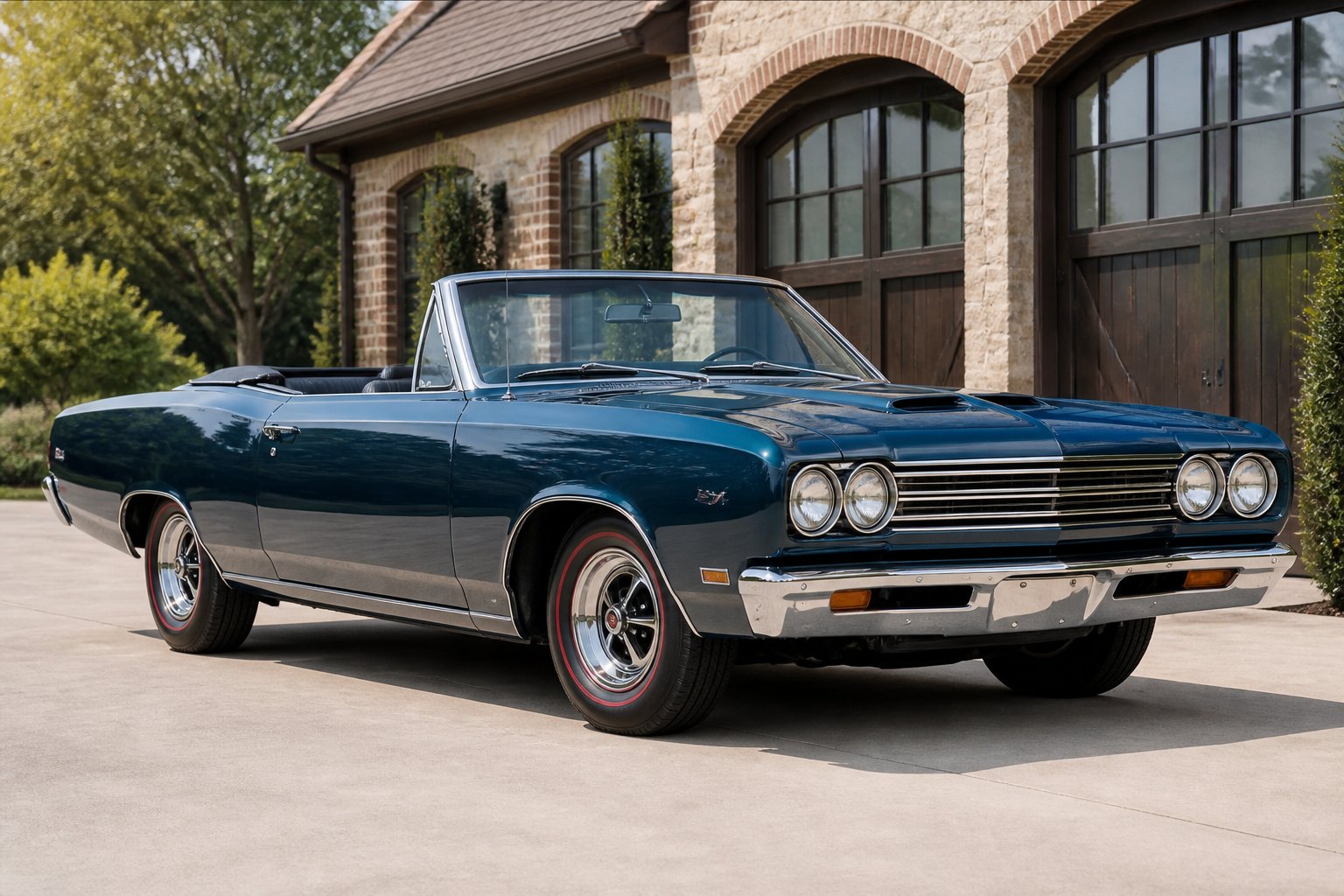 A restored 1969 Plymouth GTX 440 convertible photographed from the front at an angle with its top down.