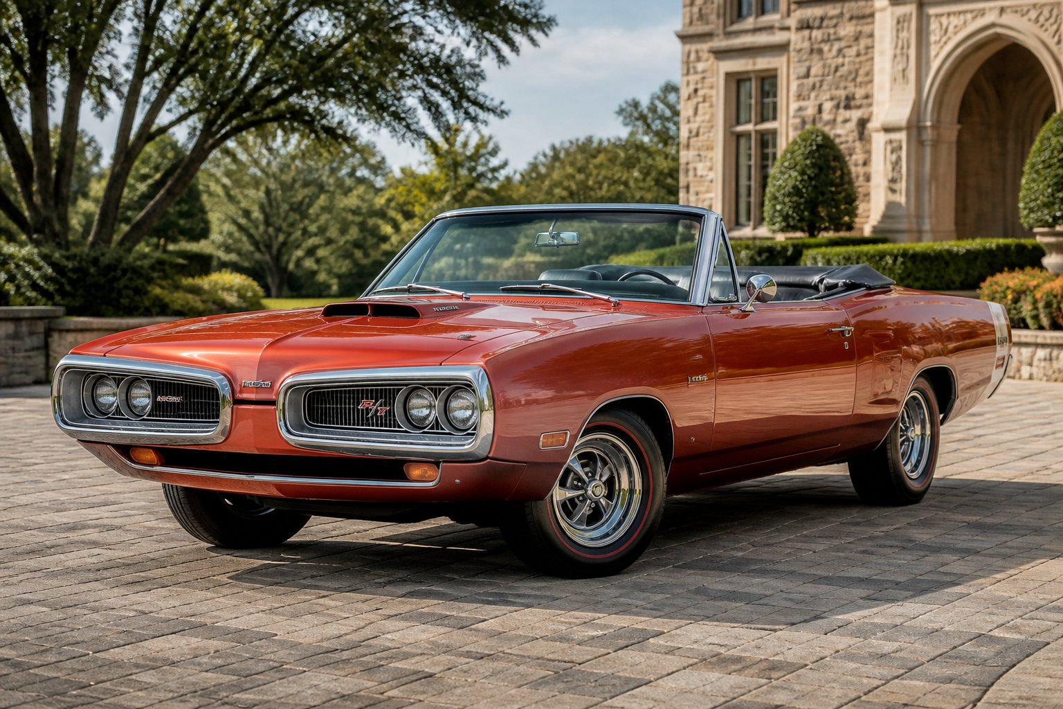 A restored 1969 Dodge Coronet R/T Hemi Convertible parked outside an elegant estate.