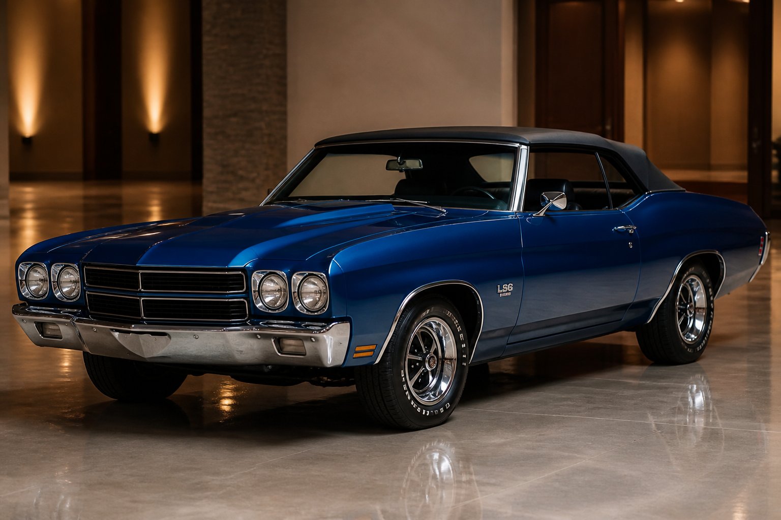 A restored blue 1970 Chevrolet Chevelle LS6 convertible displayed indoors on a polished exhibition floor.