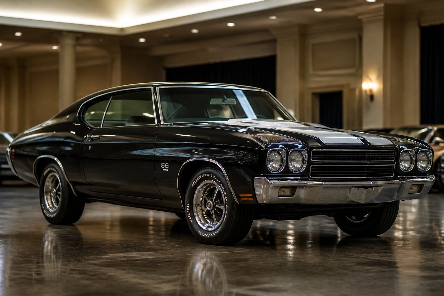A black 1970 Chevrolet Chevelle LS6 displayed in a classic-car showroom.