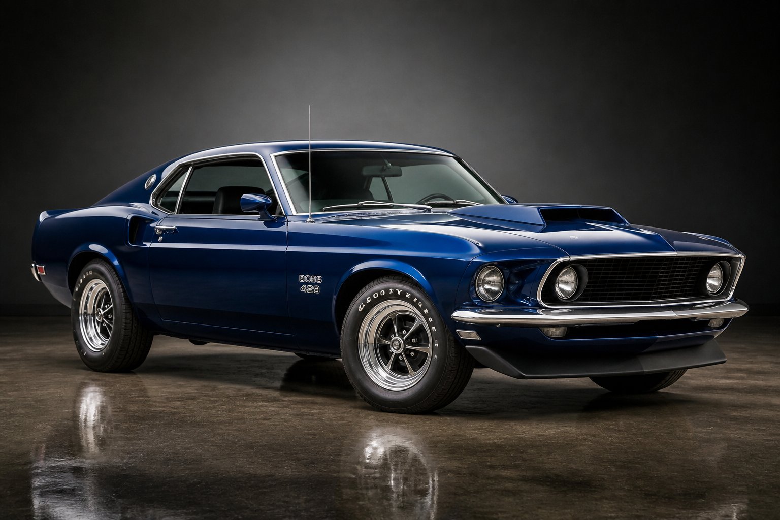 A restored 1970 Ford Mustang Boss 429 displayed in a polished automotive showroom.
