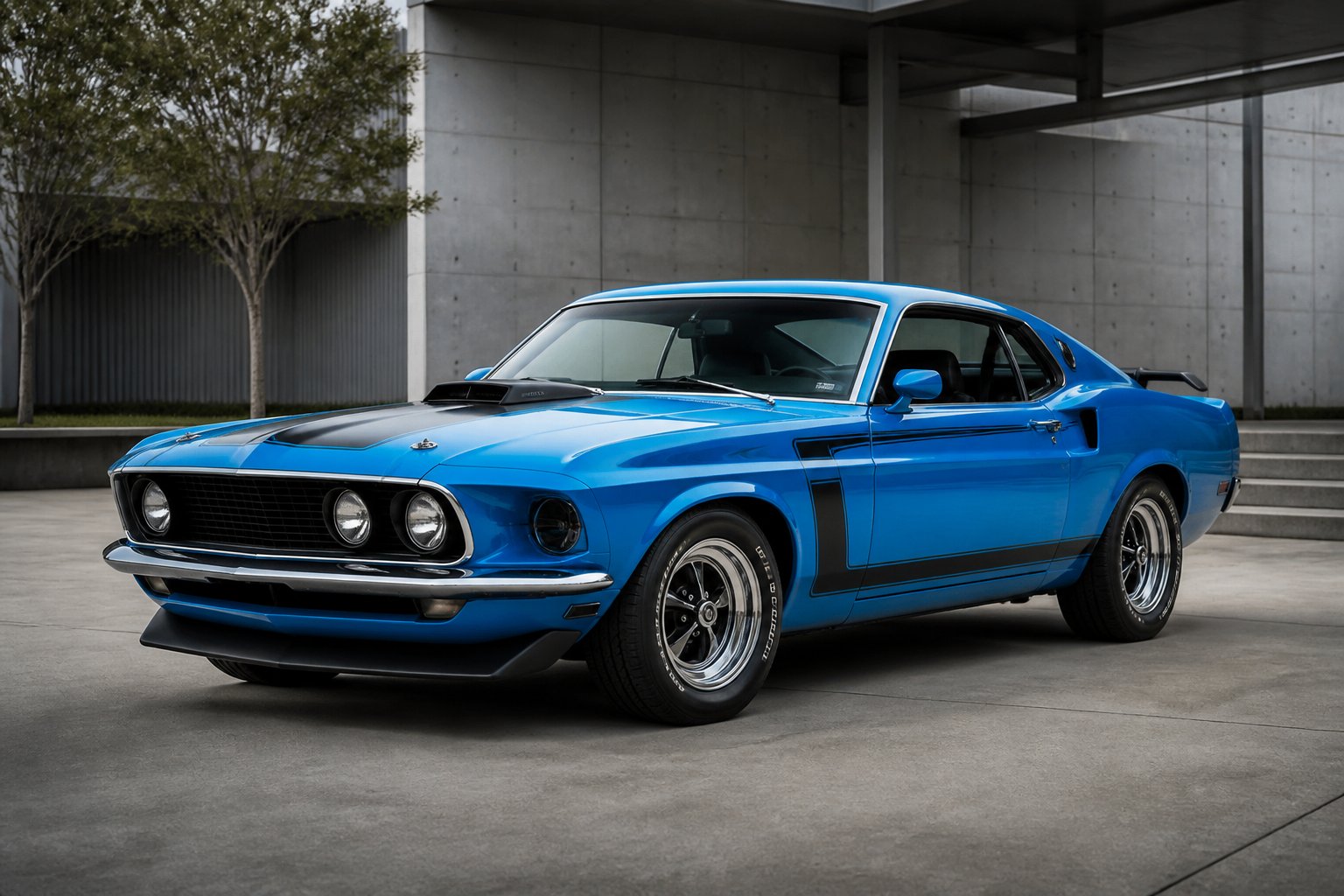 A blue 1970 Ford Mustang Boss 302 displayed at a classic car venue.