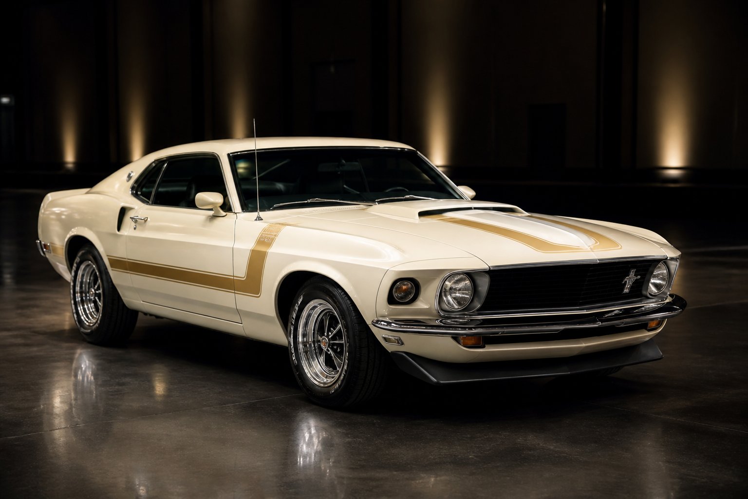 A restored 1970 Ford Mustang Mach 1 Twister Special displayed in an upscale exhibition hall.
