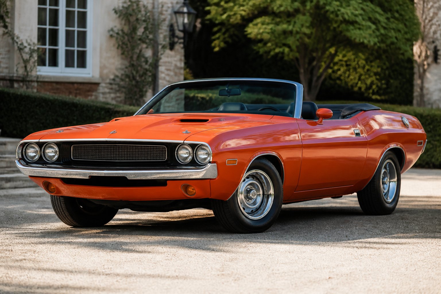 A restored 1970 Dodge Challenger Hemi R/T Convertible displayed at an upscale outdoor car gathering.