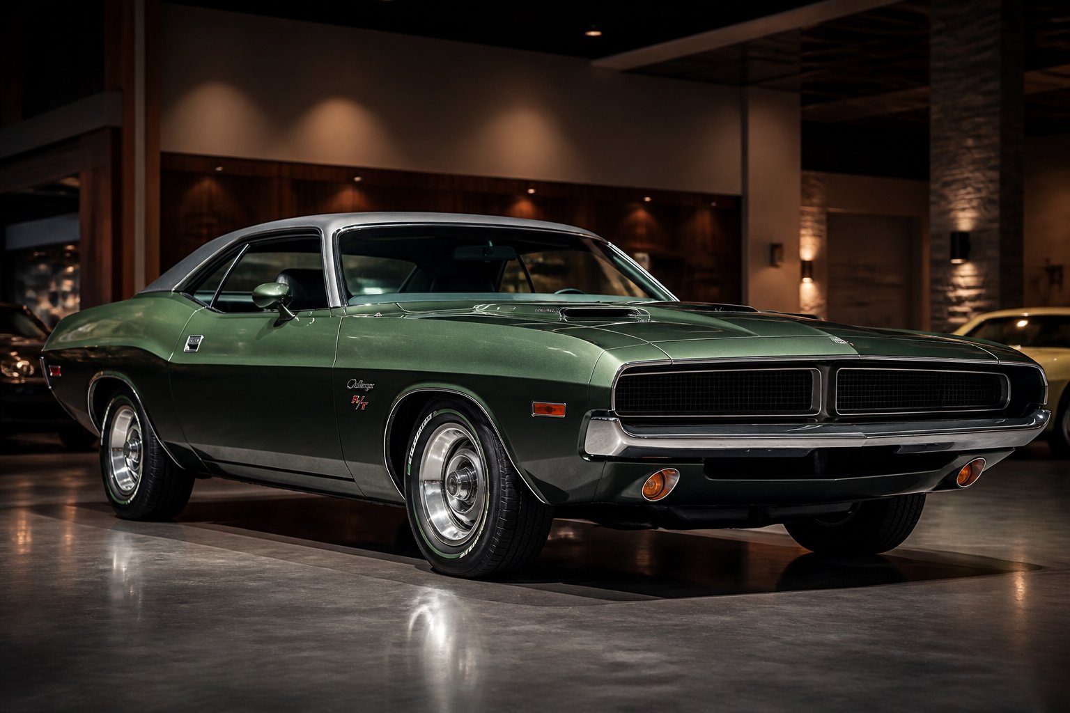 A restored dark green 1970 Dodge Challenger muscle car displayed in an elegant showroom.