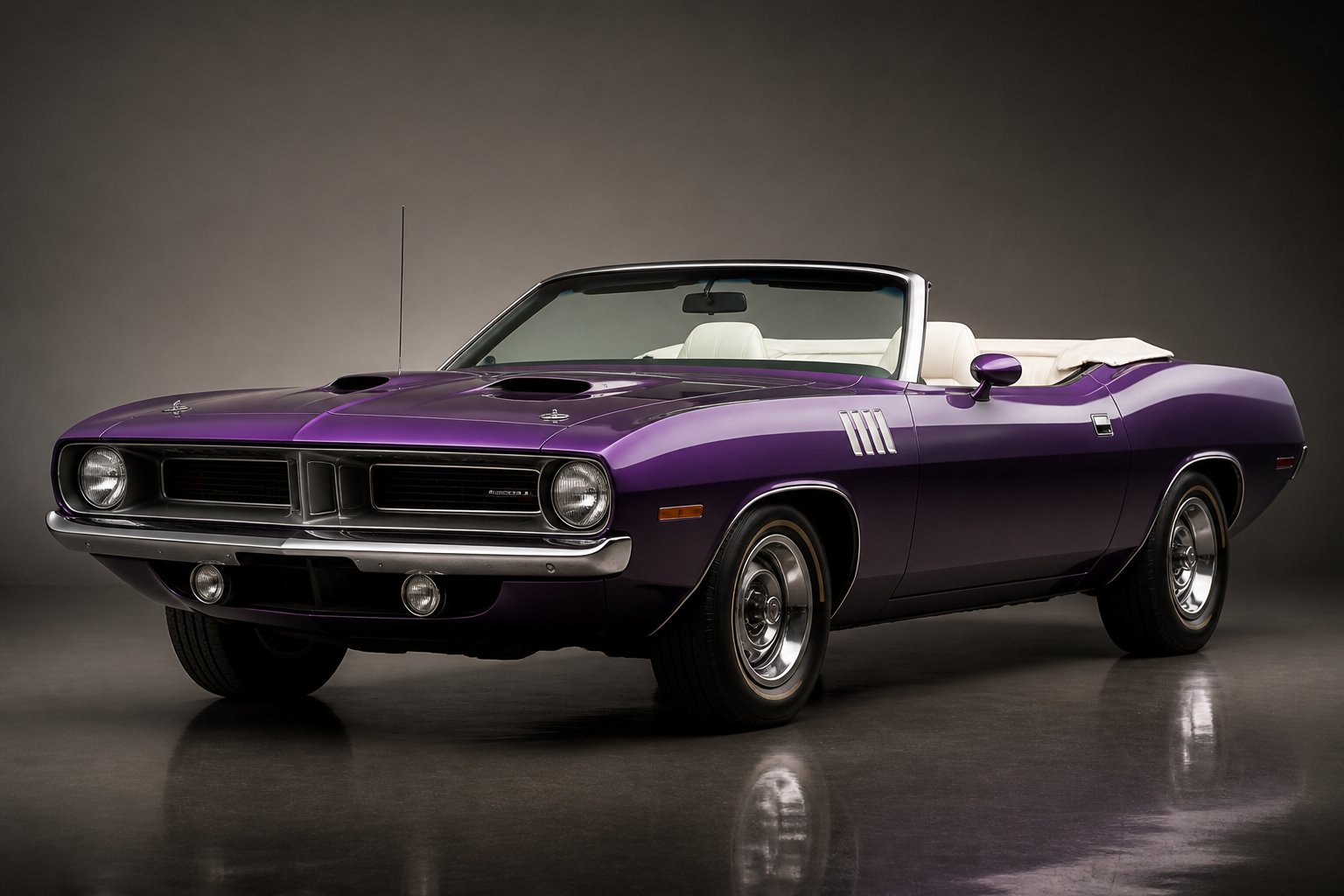 A restored 1970 Plymouth Hemi Cuda convertible displayed at a slight front angle on a neutral studio background.