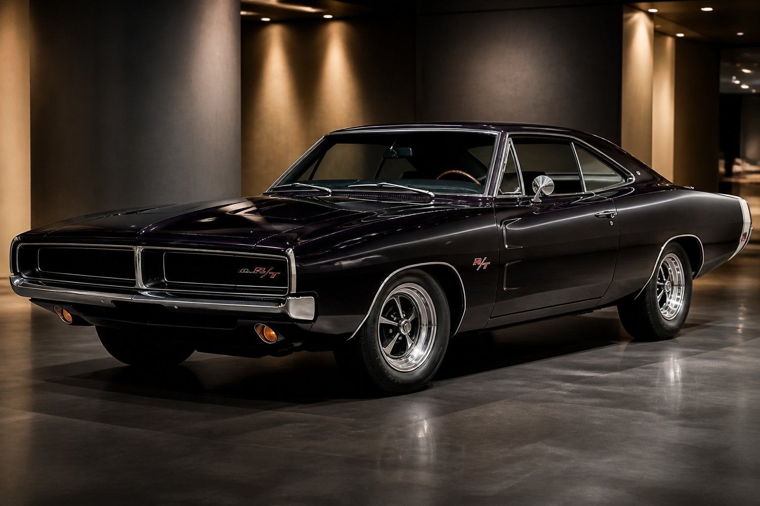 A restored 1970 Dodge Charger R/T SE displayed in a softly lit automotive gallery.