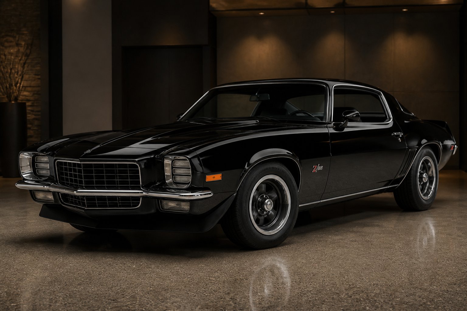 A polished 1970 Chevrolet Camaro Z28 RS displayed in a refined automotive showroom.