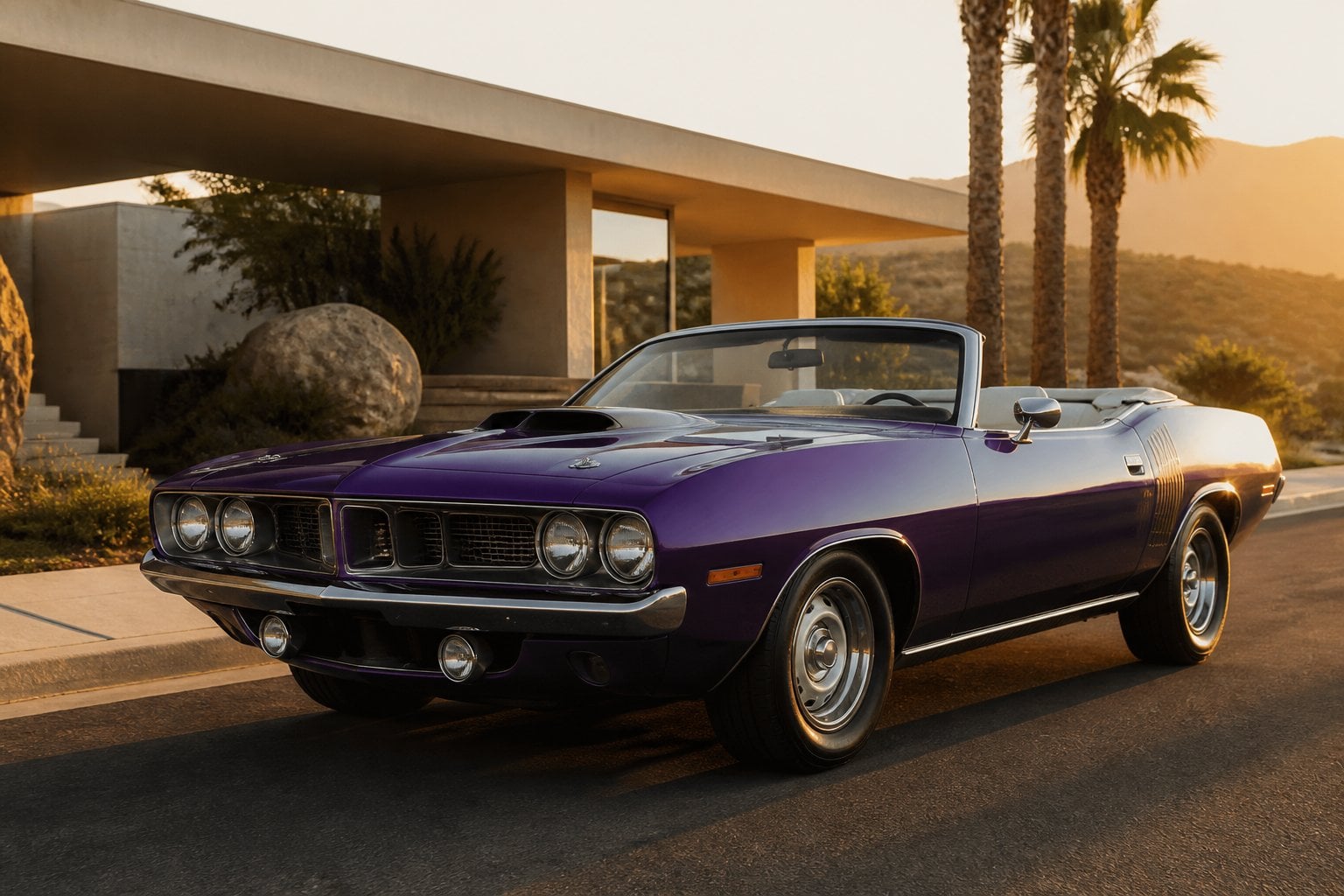 A restored 1971 Plymouth Hemi Cuda convertible parked outside an elegant modern home.