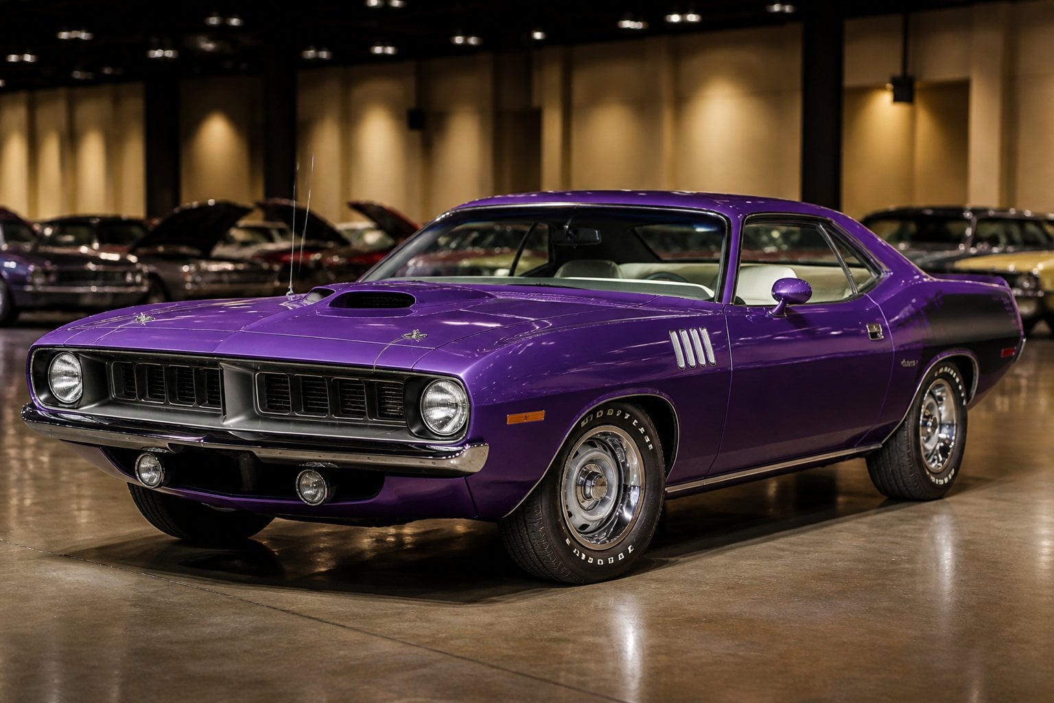 A restored 1971 Plymouth Hemi Cuda parked inside an upscale classic-car showroom.