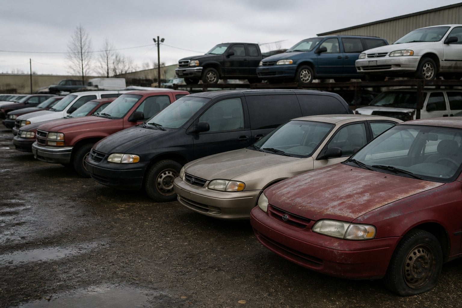 A lineup of worn and aging cars, minivans, and pickup trucks in an outdoor salvage yard.