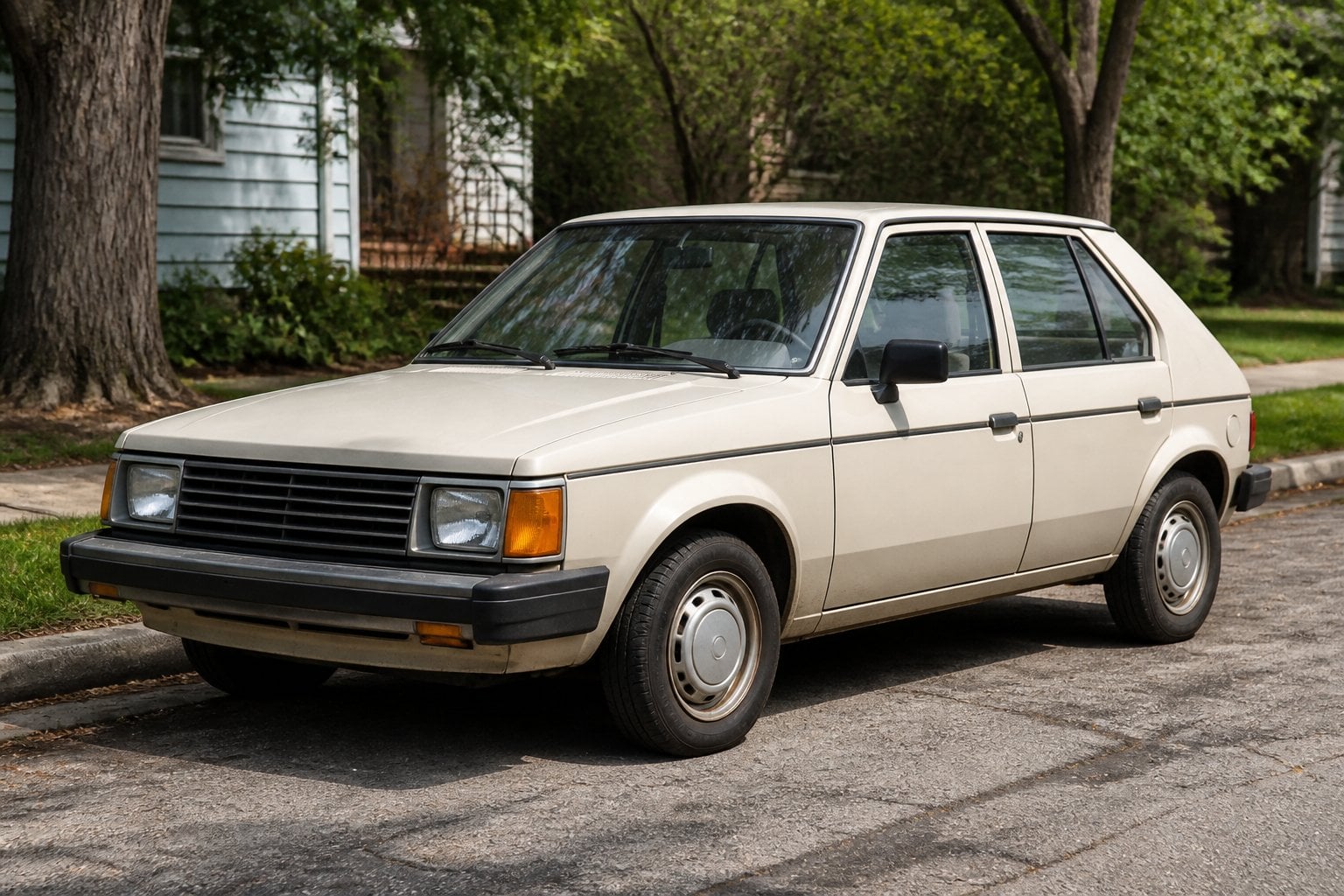 A boxy compact Dodge Omni hatchback parked on a quiet suburban street.
