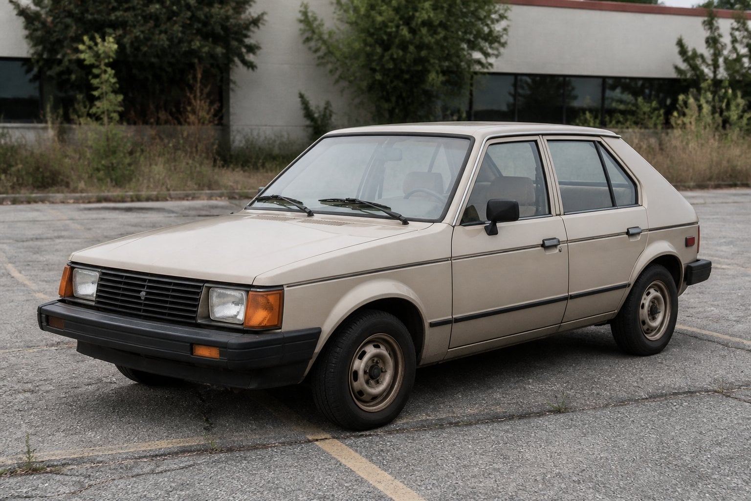 A boxy vintage compact hatchback parked in a worn suburban lot.