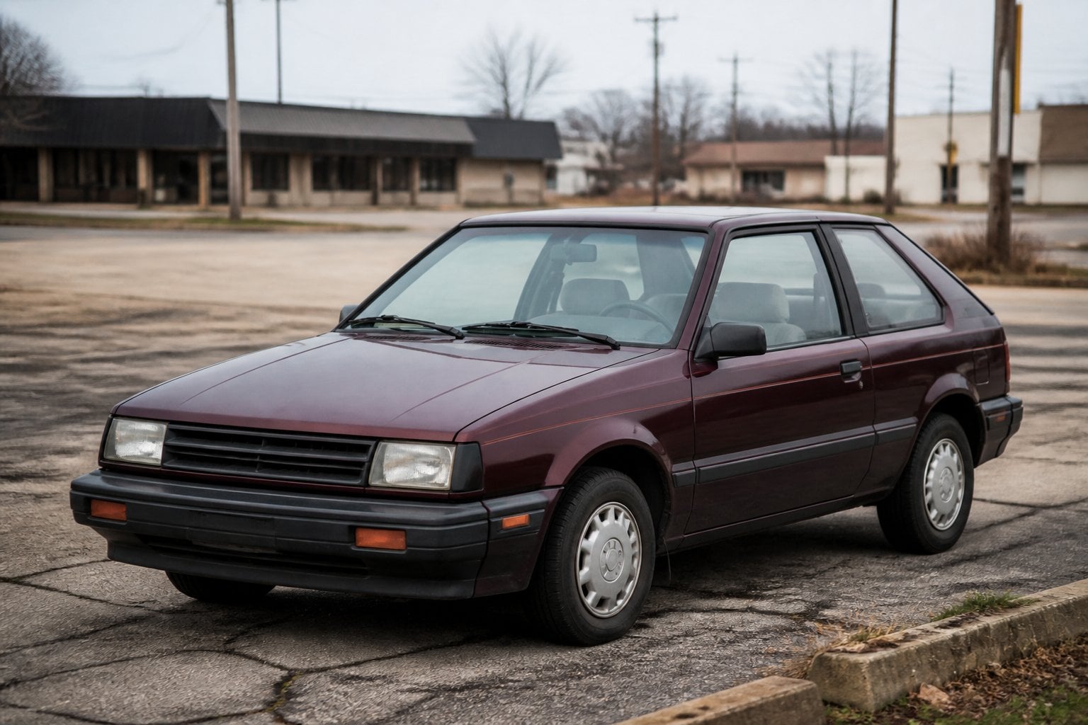 A worn late-1980s Dodge Shadow hatchback parked beside a dated suburban roadside.