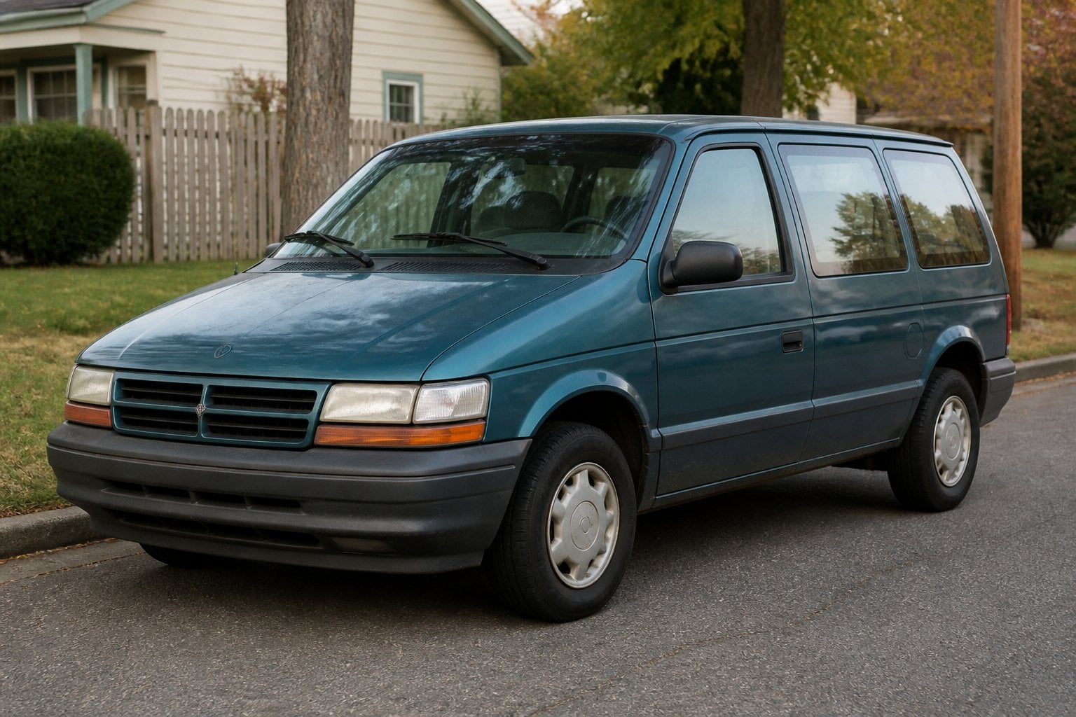 A first-generation Dodge Caravan parked on a quiet suburban street.