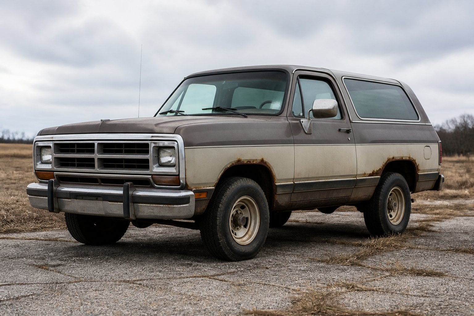 An aging Dodge Ramcharger SUV parked on a cracked roadside beside dry grass.