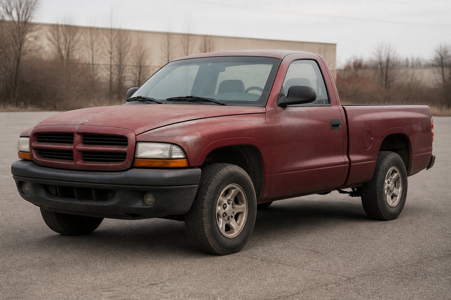An aging dark red Dodge Dakota pickup truck parked beside a quiet roadside commercial area.
