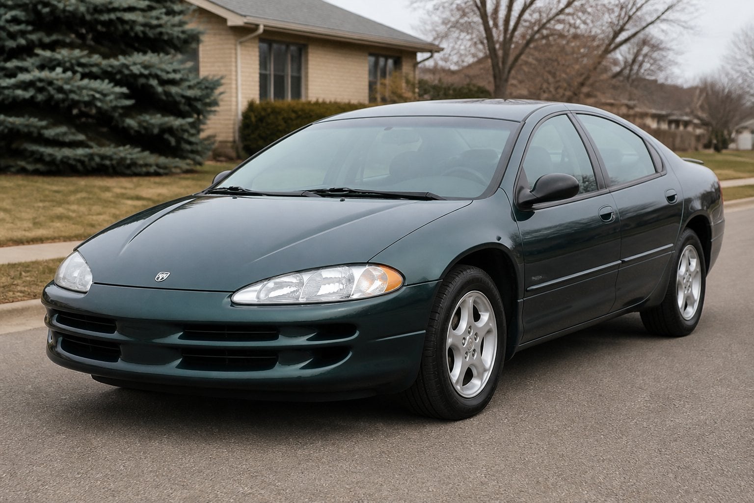 A dark green Dodge Intrepid sedan parked on a quiet suburban road.