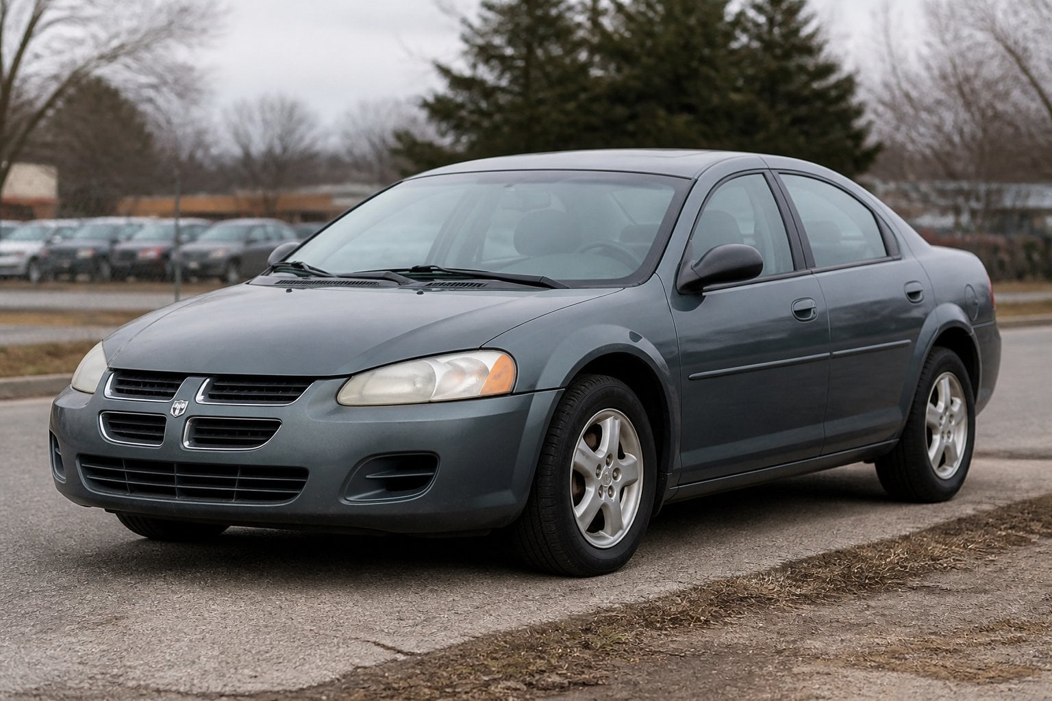 An older Dodge Stratus sedan parked beside a suburban roadside.