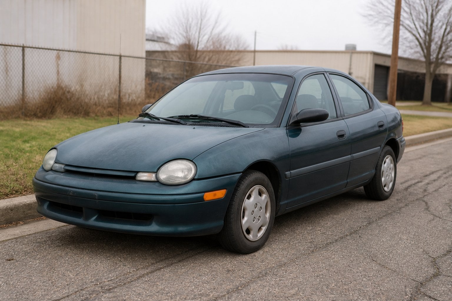 An older compact Dodge Neon sedan parked on a suburban street.