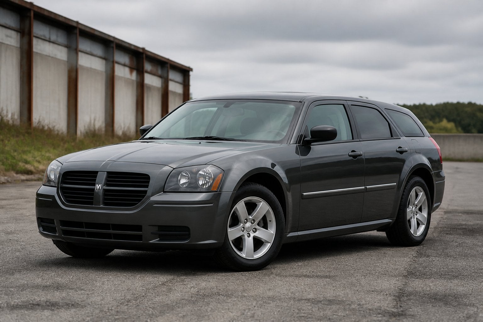 A dark gray Dodge Magnum station wagon parked on an industrial street.