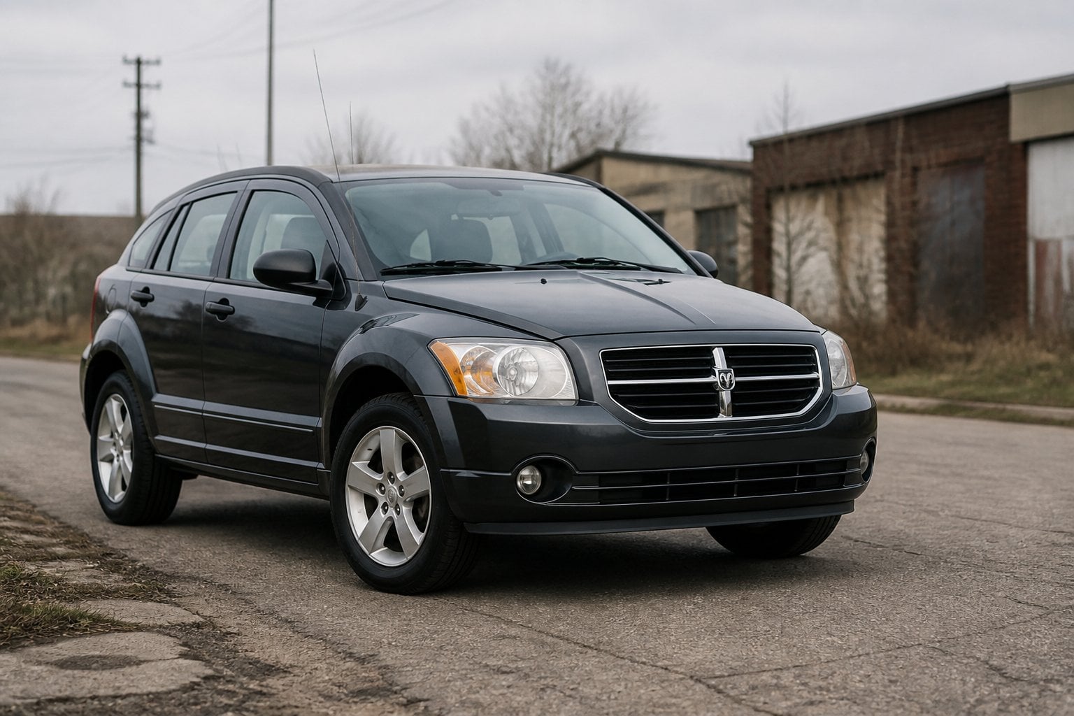 A gray Dodge Caliber parked on a roadside near an industrial area.