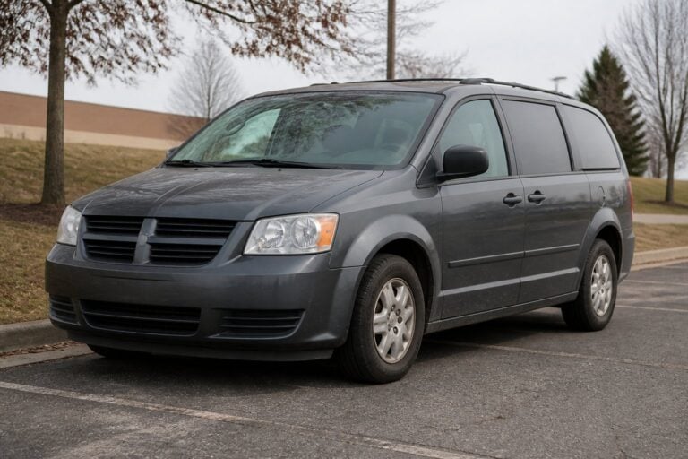 An older dark gray Dodge Grand Caravan parked in a suburban lot on an overcast day.