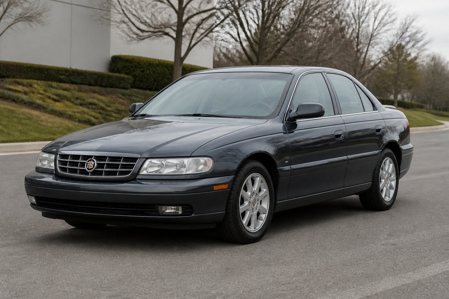 A charcoal gray Cadillac Catera sedan parked on a quiet roadside.