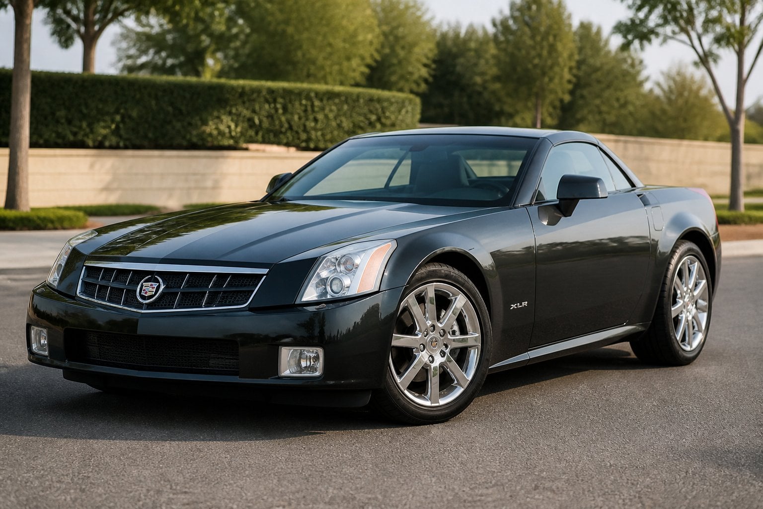A silver Cadillac XLR roadster parked on a paved surface.