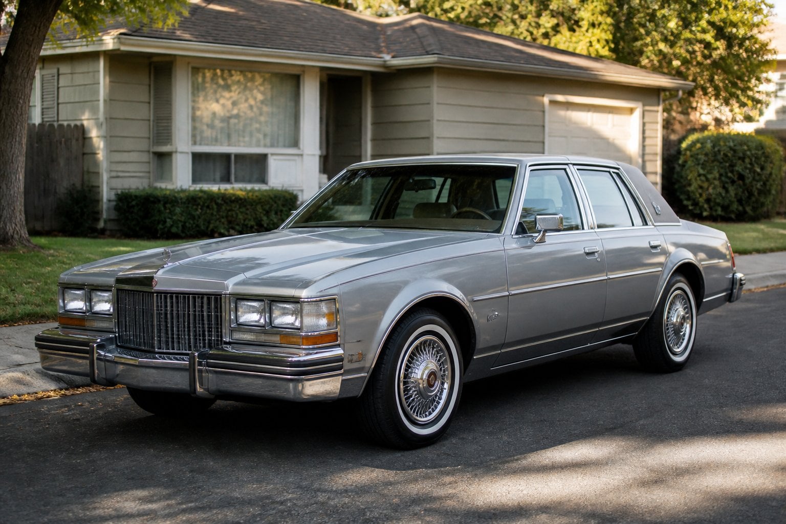 A boxy early-1980s Cadillac Seville Diesel parked on a quiet suburban street.