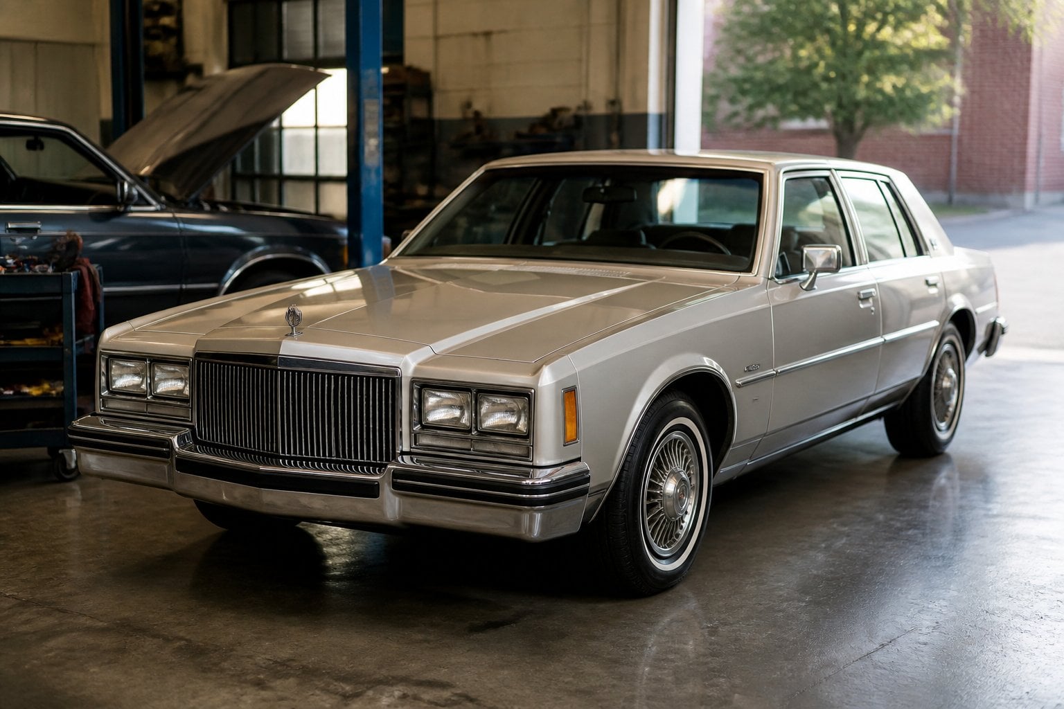 A vintage early-1980s Cadillac Seville sedan displayed in a clean automotive garage.