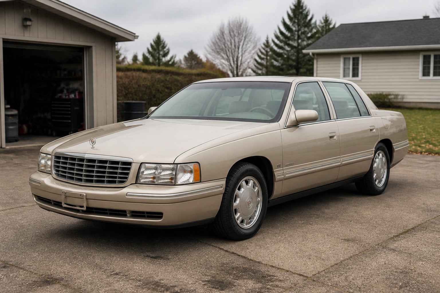 A Cadillac DeVille sedan parked at an angle beside a suburban garage.