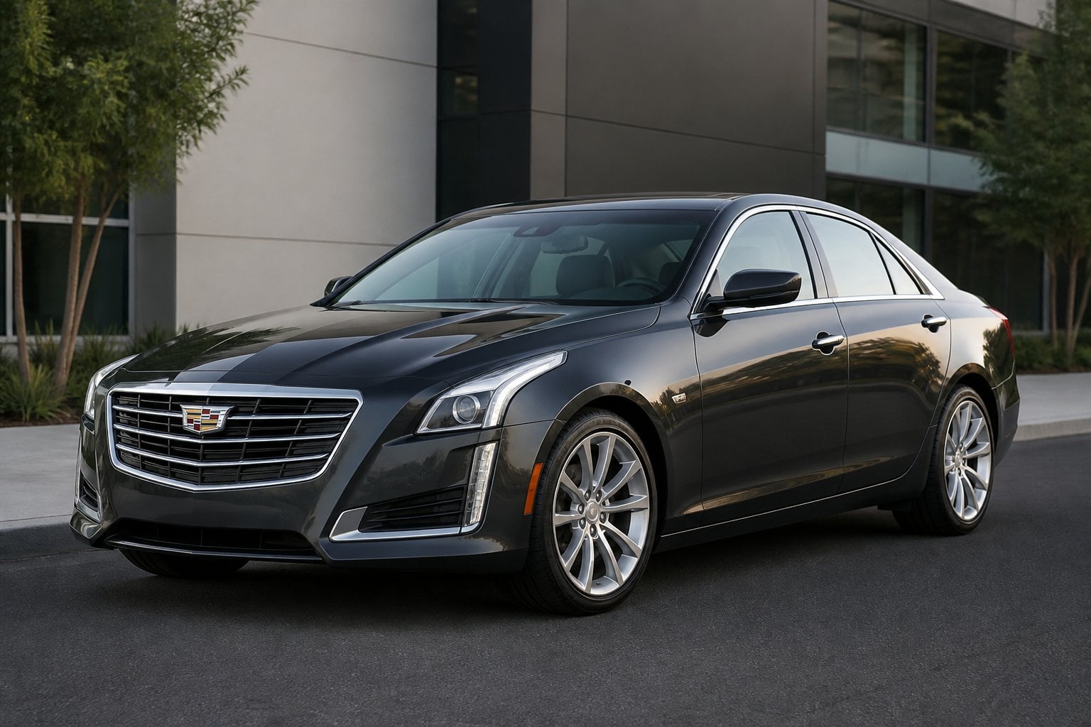 A dark metallic 2014–2015 Cadillac CTS sedan parked on a modern roadway in daylight.