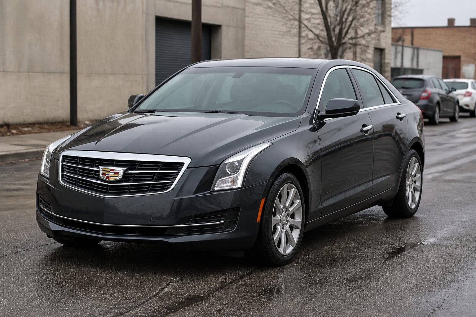 A dark Cadillac ATS sedan parked on a quiet urban street.